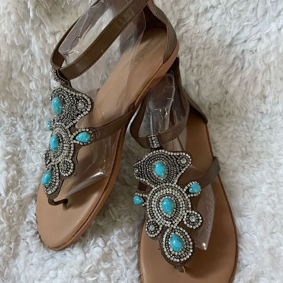 Torrid Brown T strap thong sandals turquoise & rhinestones accents size 13 - Picture 9 of 11
